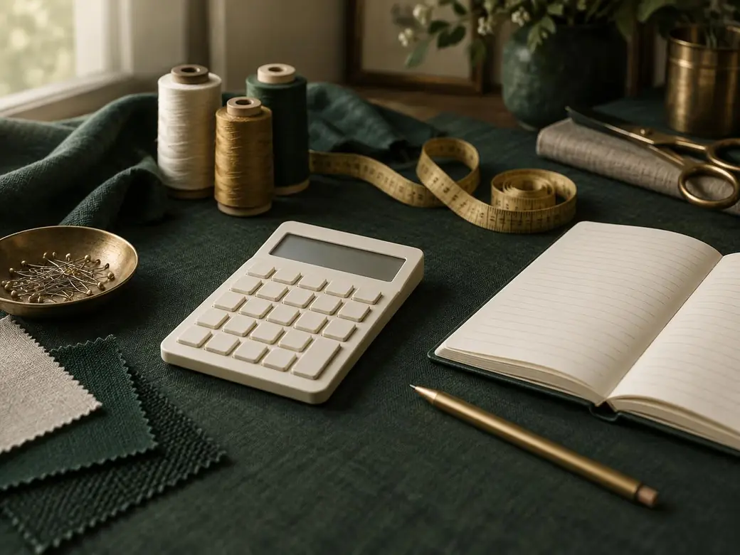 Ilustração: calculadora, caderno, linhas e fita métrica sobre a mesa de costura