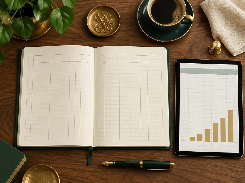 Ilustração: caderno de contas aberto e tablet com uma planilha ao lado