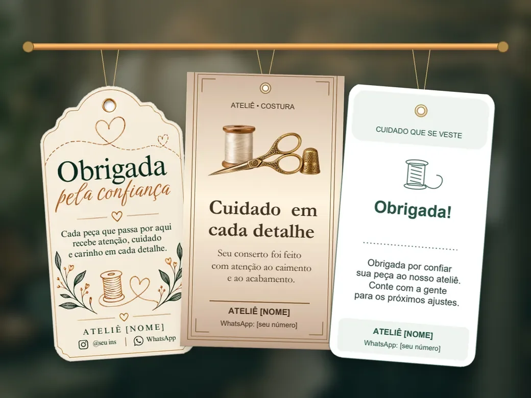 Três modelos do kit de etiquetas pendurados: Obrigada pela confiança, Cuidado em cada detalhe e Obrigada!