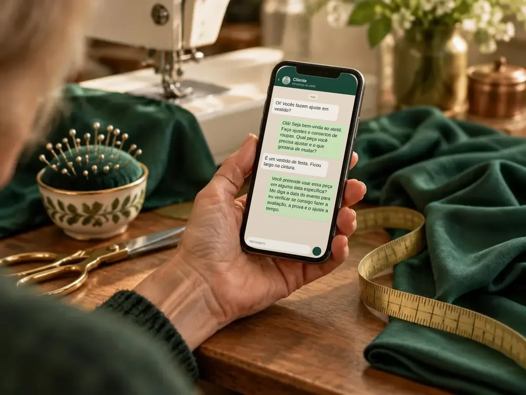 Celular com uma conversa de WhatsApp usando mensagens do material: boas-vindas à cliente nova e pergunta sobre a data do evento