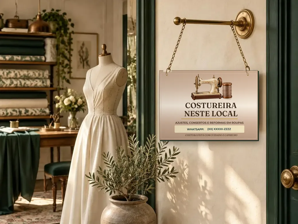 Ateliê com vestido no manequim; na plaqueta pendurada, a placa do kit: Costureira neste local — ajustes, consertos e reformas em roupas