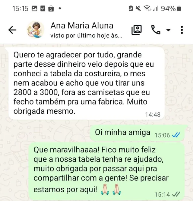Print de WhatsApp da aluna Ana Maria agradecendo: grande parte do dinheiro do mês veio depois que conheceu a tabela da costureira, e acha que vai tirar de 2.800 a 3.000 no mês. O ateliê responde comemorando.